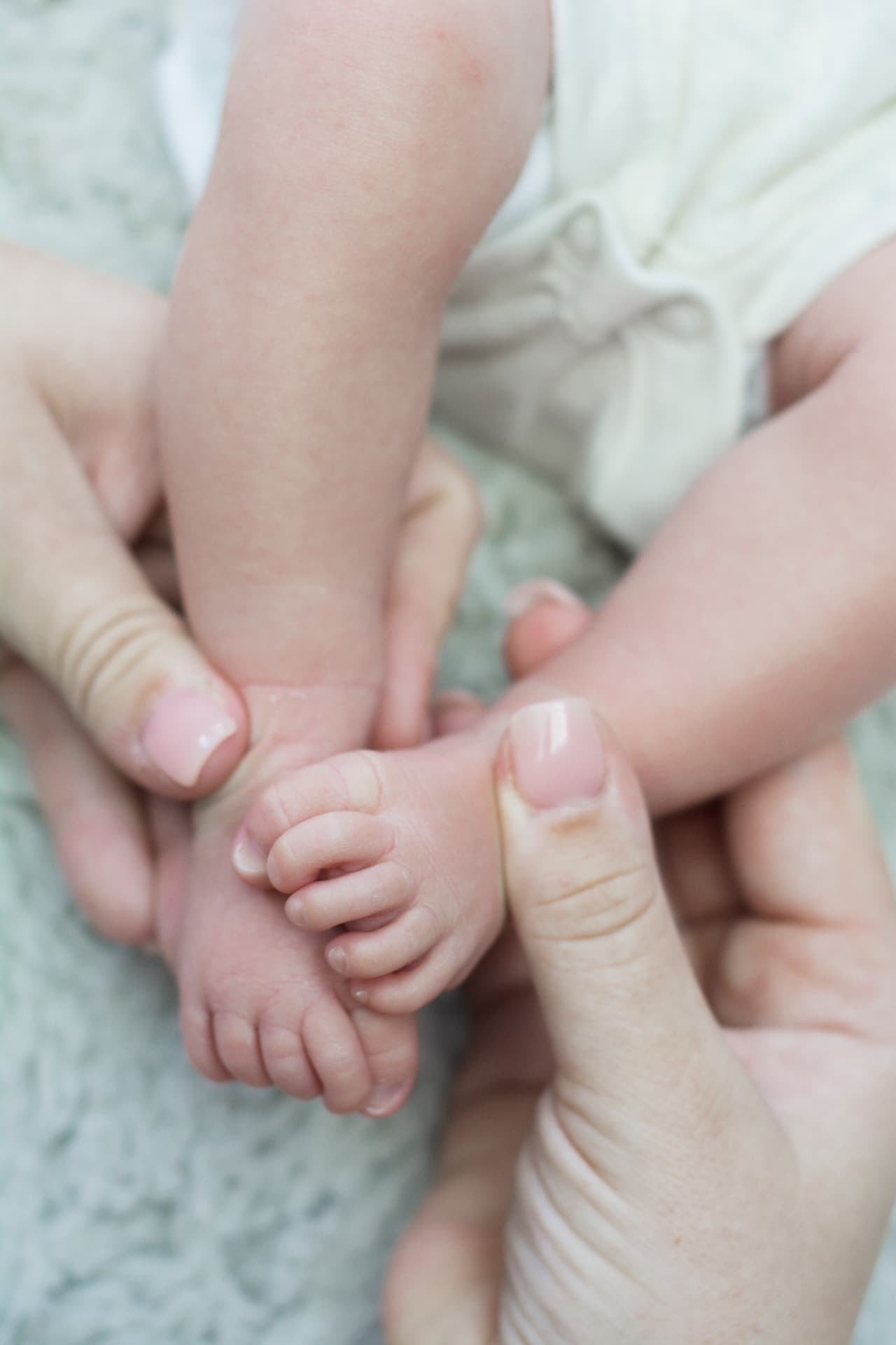 A newborn baby's tiny feet gently cradled in adult hands